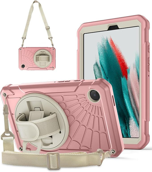 Case for Samsung Galaxy Tab A9 8.7 Inch 2023, 360° Rotating Stand, Hand Strap&Shoulder Strap Case for Samsung A9 Tablet(SM-X110/X115/X117) (Sakura Powder)