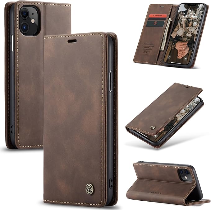 for iPhone 11 6.1-Inch Case, Flip Wallet Leather Case with Card Holder Magnetic Closure Shockproof Kickstand Protective Phone Cases Cover for iPhone 11, Coffee