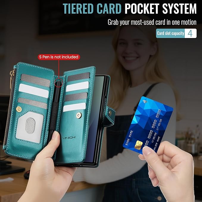 Vinich for Samsung Galaxy Z Fold 7 Wallet Case with Card Holder, Detachable Strap RFID Blocking Credit Slots Kickstand Shockproof Phone Cover for Women Men, Bluish Green
