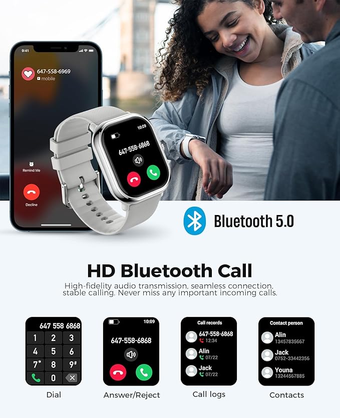 Smart Watch for Men, 1.96" AMOLED Smartwatch with 100+ Sport Modes Blood Pressure Blood Oxygen Heart Rate Monitor, IP68 Waterproof Fitness Tracker Compatible with iOS and Android(Silver)