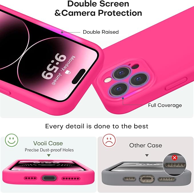 Vooii Compatible with iPhone 14 Pro Case, Liquid Silicone Upgrade [Camera Protection] [Soft Anti-Scratch Microfiber Lining] Shockproof Phone Case for iPhone 14 Pro 6.1 inch - Hot Pink