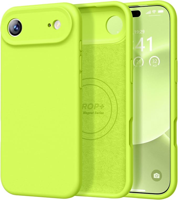 Vooii Magnetic Compatible with iPhone Air Case (Compatible with Magsafe) (Upgraded Camera Protection) Liquid Silicone Shockproof Full Body Protective Phone Cover for Women Men, Fluorescent Green, 6.5"