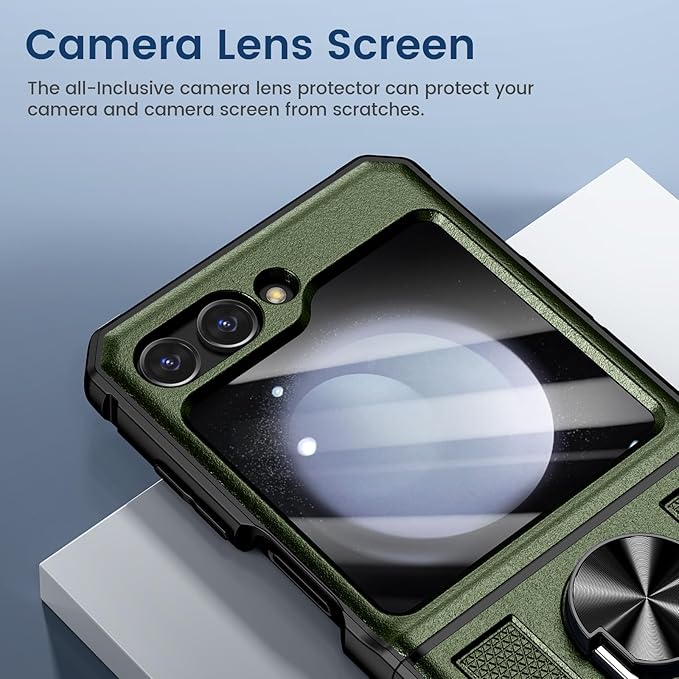 VEGO for Z Flip 5 Case with Hinge Protection, 360°Ring Magnetic Kickstand & Camera Screen Protector & Belt Clip Holster, Military Grade Shockproof Cover - Green