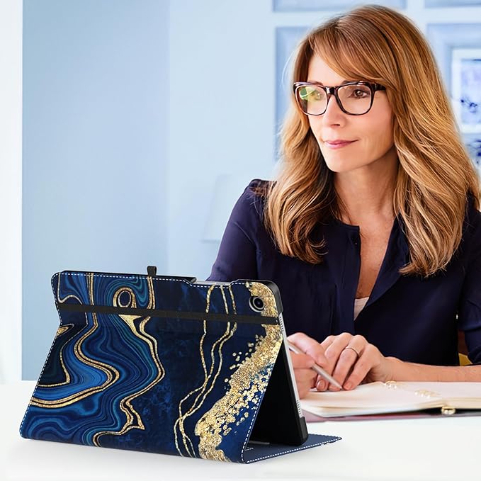 MoKo Case for Samsung Galaxy Tab A9 Plus 11" 2023 (SM-X210/SM-X216/SM-X218), PU Leather Multi-Angle Viewing Folding Stand Cover Case with Hand Strap, Front Pocket, Auto Wake/Sleep, Marble Blue