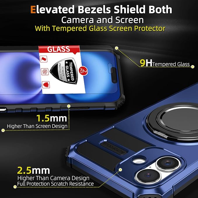 for iPhone 16 Case Compatible with MagSafe Magnetic,with 2 Tempered Glass Screen Protectors,Built-in 360°Kickstand Ring,Military Grade Drop Shockproof Heavy Duty Protection Phone Bumper Blue
