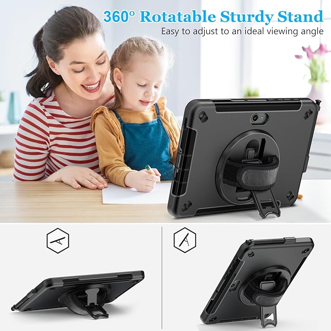 Case for Galaxy Tab Active 5 Pro 2025/4 Pro 2022/2019 10.1 Inch: TPU Cocer with Stand- Screen Protector -Hand Strap - Shoulder Strap - Pencil Holder - Black