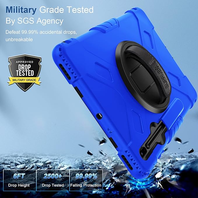 SUPFIVES Case for Samsung Galaxy Tab S7 FE 12.4 Inch 2021 : [Upgraded Military Grade] Full-Body Rugged Protective Soft Silicone Cover - Kick Stand- Handle/Shoulder Strap- S Pen Holder- Blue