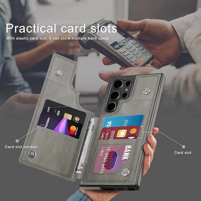 DJDUCK Designed for Samsung Galaxy S25 Ultra Case Wallet with Card Holder, [Magnetic Clasp Cover] [RFID Blocking Leather Protection] Shockproof Women Men Cases for Samsung S25 Ultra Grey