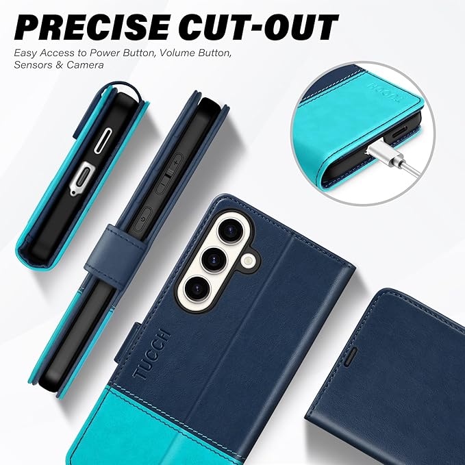 TUCCH Wallet Case for Galaxy S25 5G, Magnetic PU Leather Kickstand [RFID Blocking] Card Slot Folio Cover with [TPU Shockproof Inner Shell] Compatible with Galaxy S25 6.2" 2025, Blue & Lake Blue