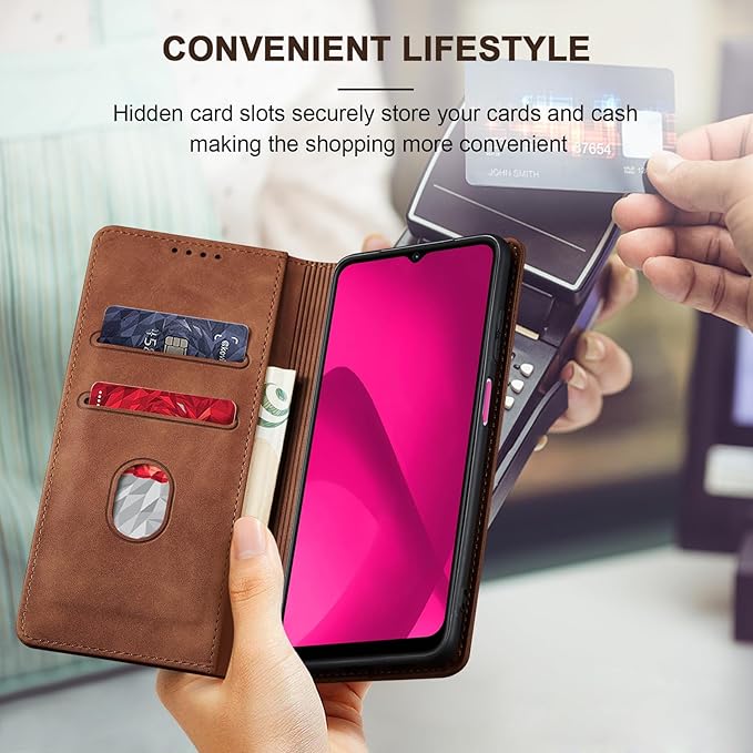 Jasonyu Flip Wallet Case for T-Mobile Revvl 7,Leather Magnetic Folio Cover with Card Holder,Kickstand - TPU Shockproof Durable Protective Phone Case,Brown
