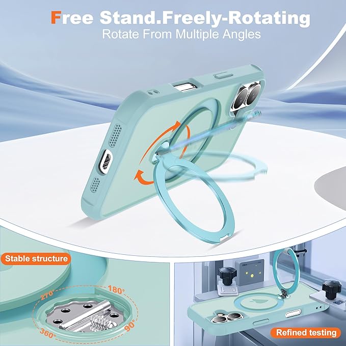 Compatible with iPhone 17 Case with Invisible Magnetic 360°Spin Stand,Military-Grade Shockproof Protection [Compatible with Mag-Safe] Non-Slip Edge Translucent Case (6.3",Blue)