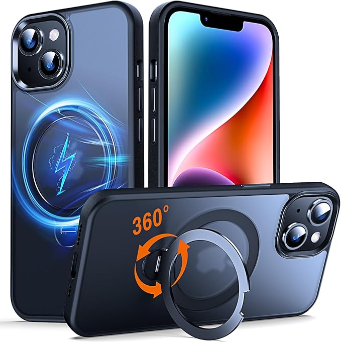 360° O-Ring MagStander for iPhone 13 Case, iPhone 14 Case with Magnetic Stand Ring Holder [Compatible with MagSafe][15FT Military Shockproof] Kickstand iPhone 13/14 Phone Cover Matte Black