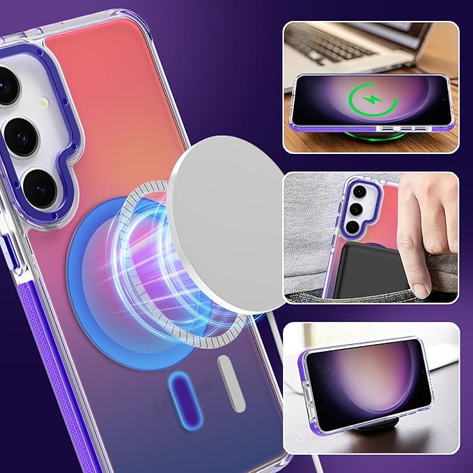 MOWIME Magnetic Case for Samsung Galaxy S23 [Compatible with Magsafe] [Cute Fashion Fluorescent Design] [1 Screen Protector] Slim Translucent Matte Case for Galaxy S23 6.1", Purple