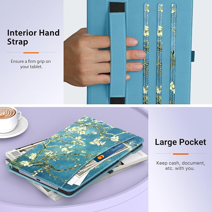 MoKo Case for Samsung Galaxy Tab A9 Plus 11" 2023 (SM-X210/SM-X216/SM-X218), PU Leather Multi-Angle Viewing Folding Stand Cover Case with Hand Strap, Front Pocket, Auto Wake/Sleep, Almond Blossom