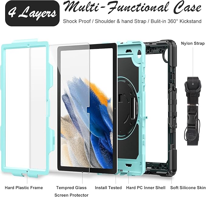 Tablet Case for Samsung Galaxy Tab A8 10.5-inch 2022 SM-X200/X205/X207, [with Tempered Glass Screen Protector],360° Rotating Kickstand/Hand & Shoulder Strap/S Pen Holder (SkyBlue)