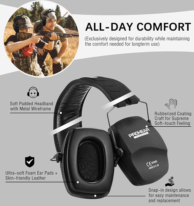 PROHEAR 016 Ear Protection Safety Earmuffs for Shooting, NRR 26dB Noise Reduction Slim Passive Hearing Protector with Low-Profile Earcups, Compact Foldable Ear Defenders for Gun Range, Hunting (Black)