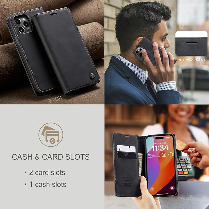 for iPhone 15 Pro Max Case, Flip Wallet Leather Case with Card Holder Magnetic Closure Shockproof Kickstand Protective Phone Cases Cover for iPhone 15 Pro Max, Black