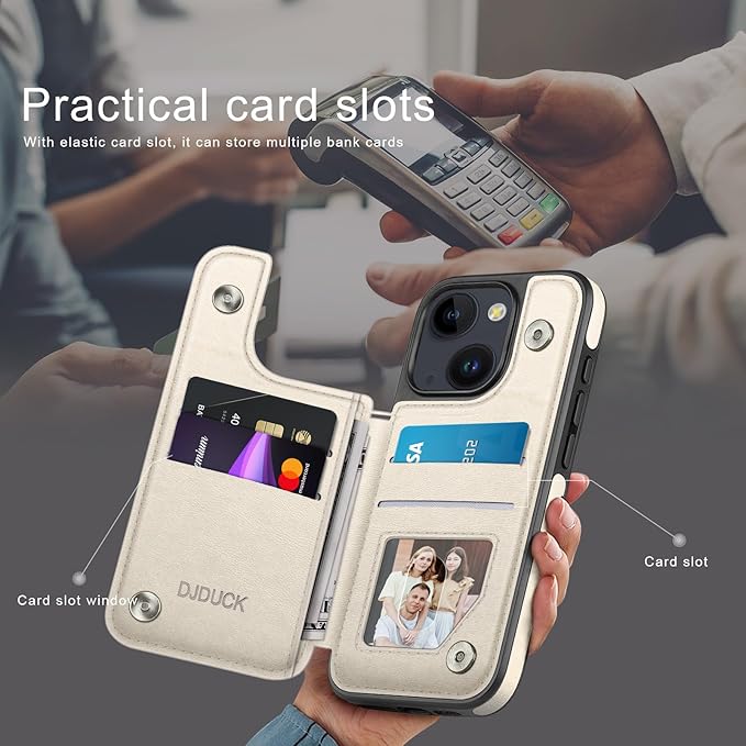 DJDUCK Designed for iPhone 14 Case Wallet with Card Holder, [Magnetic Clasp Cover] [RFID Blocking Leather Protection] Shockproof Women Men Cases 6.1 Inch for Apple 14 White
