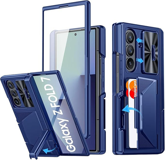 for Samsung Galaxy Z Fold 7 Case with Card Holder RFID Blocking, Built in Slide Lens Cover & Hinge Protection & Kickstand & Screen Protector, Shockproof Wallet Case for Z Fold 7 (Sapphire Blue)