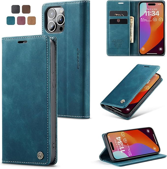 for iPhone 15 Pro Max Case, Flip Wallet Leather Case with Card Holder Magnetic Closure Shockproof Kickstand Protective Phone Cases Cover for iPhone 15 Pro Max, Blue-Green