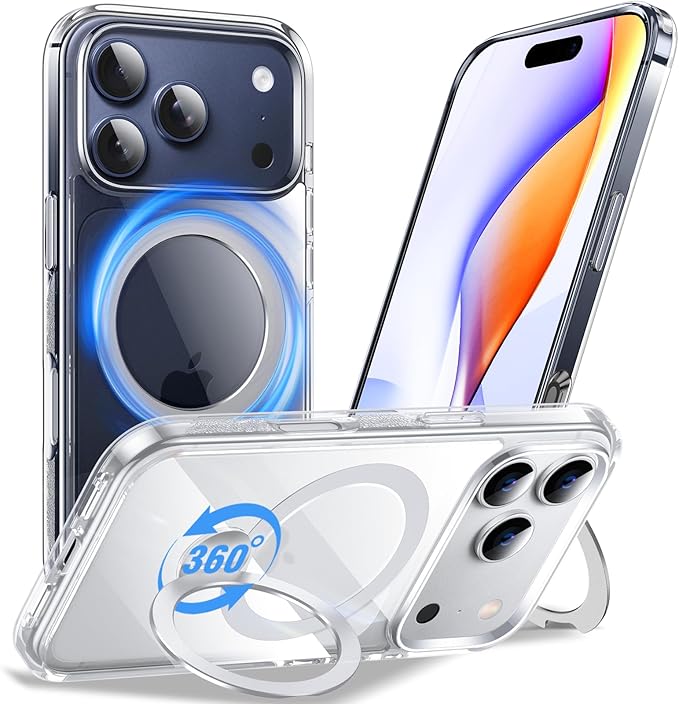 Anqrp 360° All-in-ONE Crystal Clear Case for iPhone 17 Pro with Rotatable Magnetic Stand, Compatible with Mag-Safe, Anti-Yellowing Transparent MIL-Grade Shockproof Phone Case Cover for iPhone 17 Pro