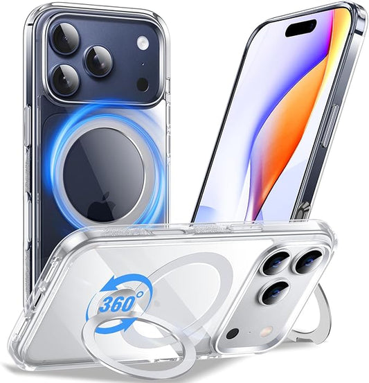 Anqrp 360° All-in-ONE Crystal Clear Case for iPhone 17 Pro with Rotatable Magnetic Stand, Compatible with Mag-Safe, Anti-Yellowing Transparent MIL-Grade Shockproof Phone Case Cover for iPhone 17 Pro
