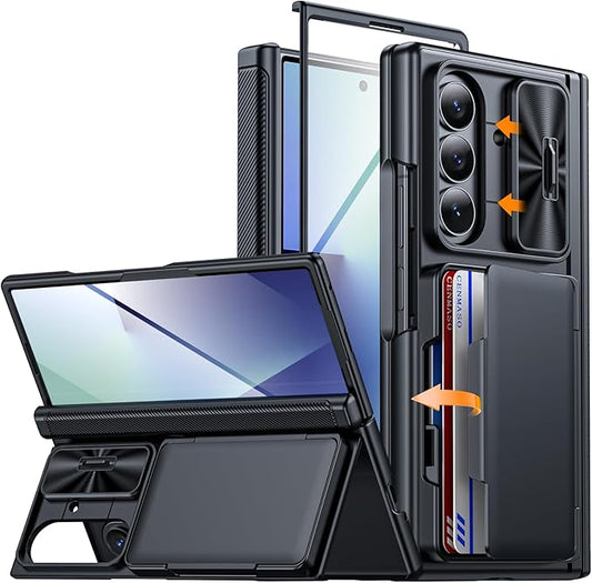 CENMASO for Samsung Galaxy Z Fold 7 Case with Card Holder [RFID Blocking] Camera Cover, Hinge Protection, Hidden Kickstand, Screen Protector, Slim Shockproof Phone Case for Galaxy Z Fold 7-Black