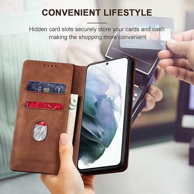 Jasonyu Flip Wallet Case for Samsung Galaxy S21 5G,Leather Magnetic Folio Cover with Card Holder,Kickstand - TPU Shockproof Durable Protective Phone Case,Brown