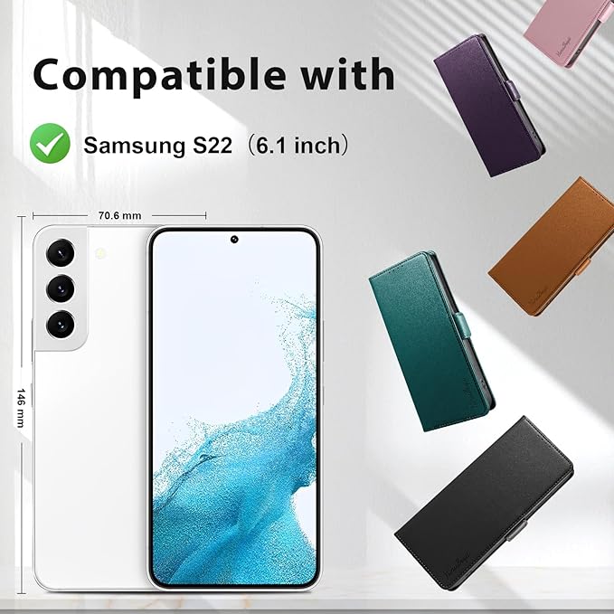 Wallet Flip Case for Samsung Galaxy S22 5G - [RFID Blocking] Luxury PU Leather Card Holder Magnetic Phone Cover with Kickstand,Shockproof Protective Case,Green