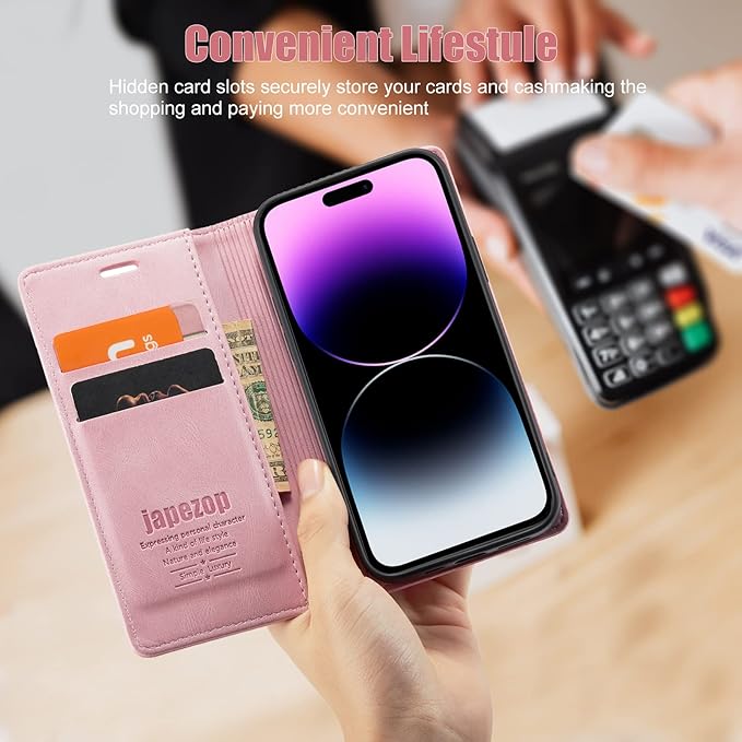 japezop Compatible with iPhone 14 Pro Max Wallet Case,with [RFID Blocking] Card Holder Kickstand Magnetic,Leather Flip Case Wallet for iPhone 14 Pro Max 5G 6.7 Inch (Pink)