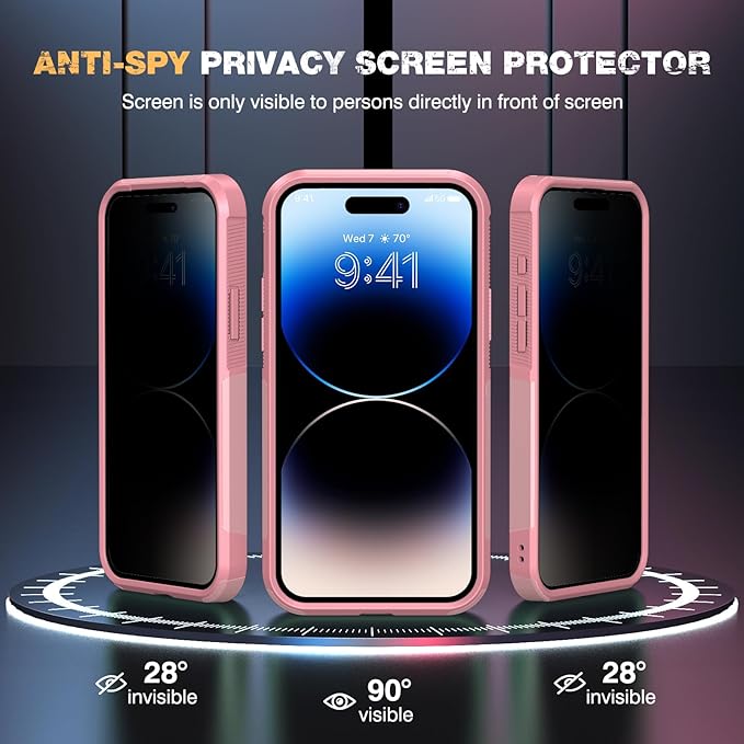 Diaclara Designed for iPhone 14 Pro Max Case, [with Privacy Screen Protector] [Anti Spy] [Military Grade Drop Protection] Heavy Duty Full-Body Shockproof Phone Case, Pink