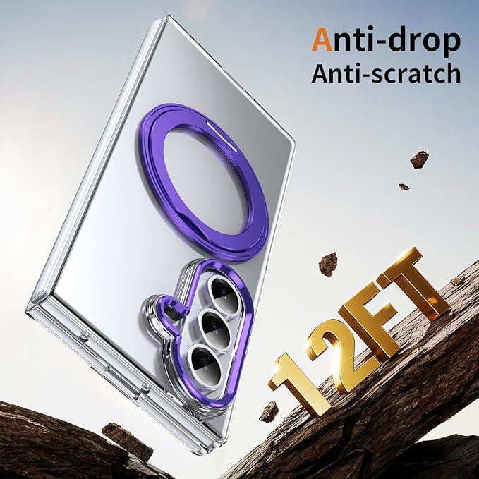 for Samsung Galaxy Z Fold 7 Case with Magnetic Ring Holder, 360 Rotating Bracket, Built-in Front Screen Len Protector, Anti-Yellowing & Anti-Fingerprint Crystal Clear Case.(Violet)