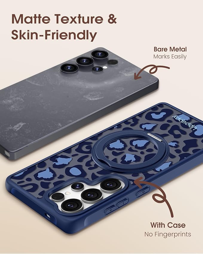 for Samsung Galaxy S25 Ultra Case with 360° Rotatable Magnetic Ring - Compatible with MagSafe, Semi-Transparent Soft-Touch Material Shockproof, Cute Blue Cheetah Print Design for Women Girl