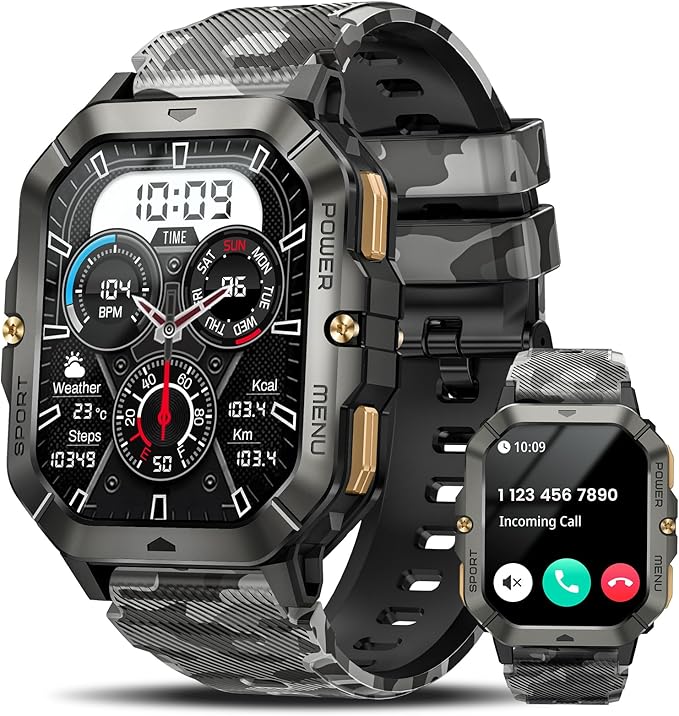 Military Smart Watches for Men (Answer/Make Calls), Watches for Men with Blood Pressure/Heart Rate/Sleep/100+ Sport Modes, 2.02'' Fitness Smart Watch, Waterproof Fitness Tracker for Android and iPhone