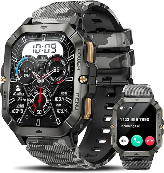 Military Smart Watches for Men (Answer/Make Calls), Watches for Men with Blood Pressure/Heart Rate/Sleep/100+ Sport Modes, 2.02'' Fitness Smart Watch, Waterproof Fitness Tracker for Android and iPhone