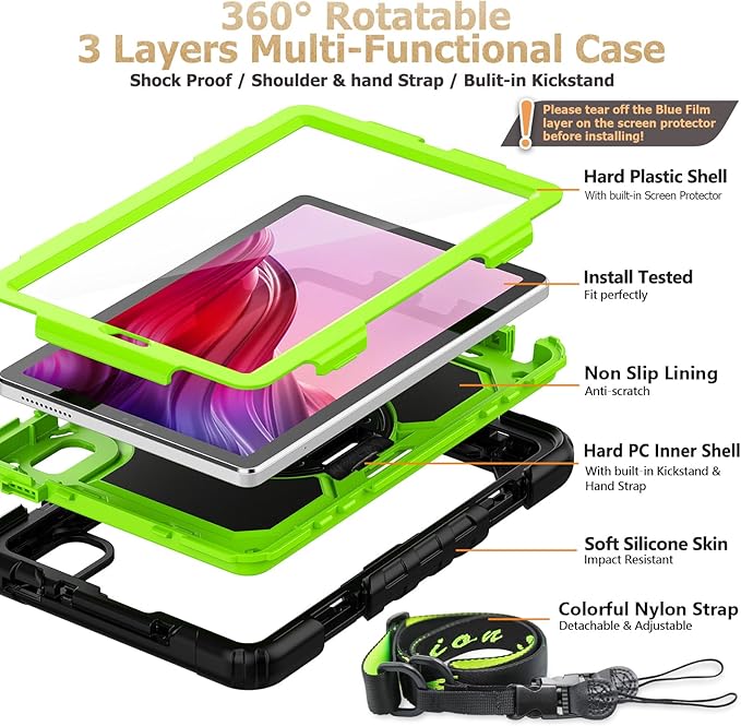 SEYMAC stock Case for Lenovo Tab M9 (TB-310FU) 2023 with Screen Protector, Drop-Proof Protection Cover with 360° Rotating Stand &Strap [Pen Holder] Case for Lenovo Tab M9 9'' (Green+Black)