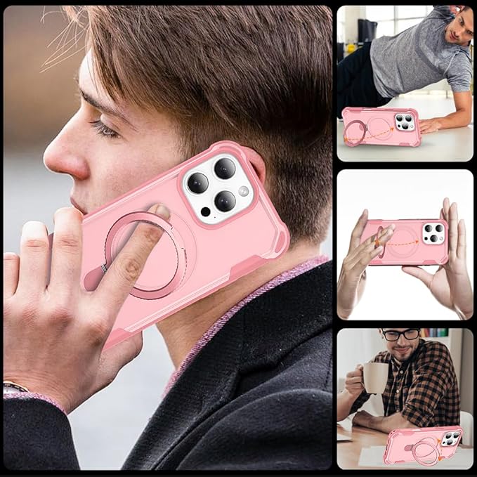 Designed for iPhone 15 Pro Case with Magnetic Stand [Military Drop Protection][Compatible with Magnet] Shockproof 15 Pro Phone Case with Ring Holder, Pink