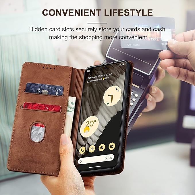 Jasonyu Flip Wallet Case for Google Pixel 7 Pro 5G,Leather Magnetic Folio Cover with Card Holder,Kickstand - TPU Shockproof Durable Protective Phone Case,Brown