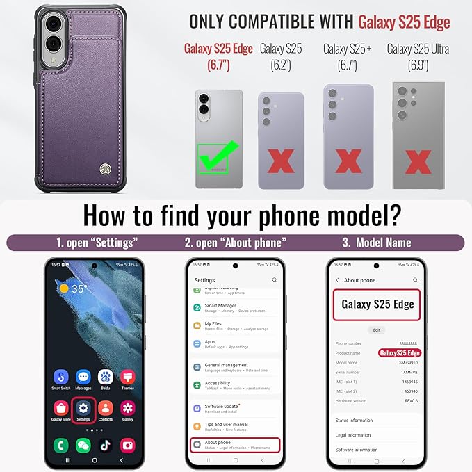 Vinich for Samsung Galaxy S25 Edge Wallet Case with Card Holder, RFID Blocking Credit Slots Kickstand Shockproof Phone Cover for Women Men, Purple