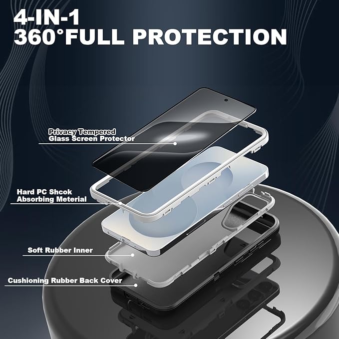 Designed for Samsung Galaxy S24/S25 Case [with Privacy Screen Protector] 3-Layer Full Body Protection Rugged Shockproof Heavy Duty Phone Case Cover, Black/Grey