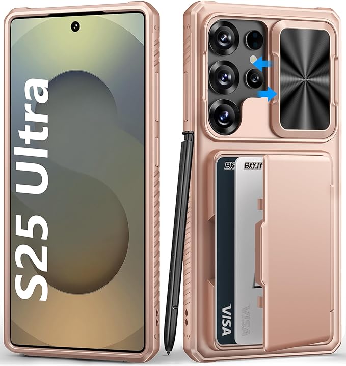 for Samsung Galaxy S25 Ultra Phone Case Wallet, Card Holder (4-5 Cards), RFID Block, Slide Camera Cover & Military Shockproof, Heavy Duty Men Women Cases for Samsung Galaxy S25 Ultra, Rose Gold