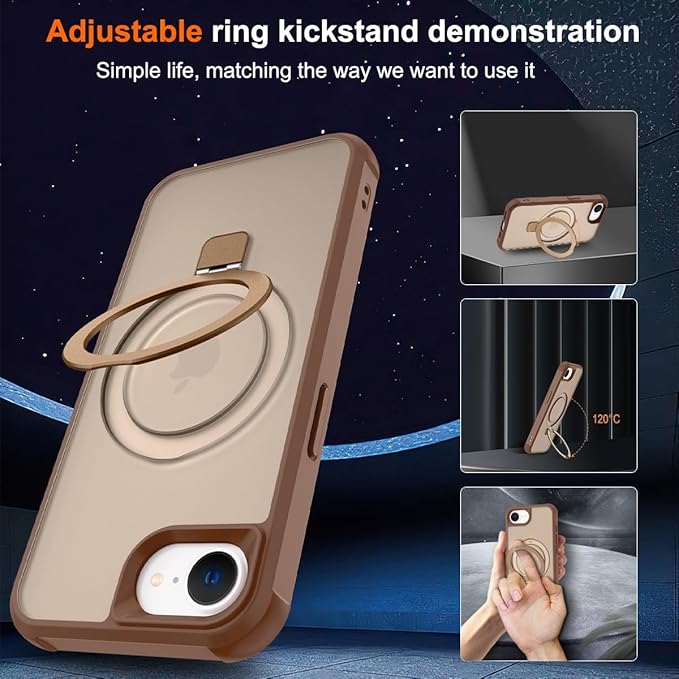 Magnetic Compatible with iPhone 16E Case with Stand [Military Grade Drop Tested][Compatible with Magnet] Ring Translucent Slim Hard Back Soft Edge, Desert Gold