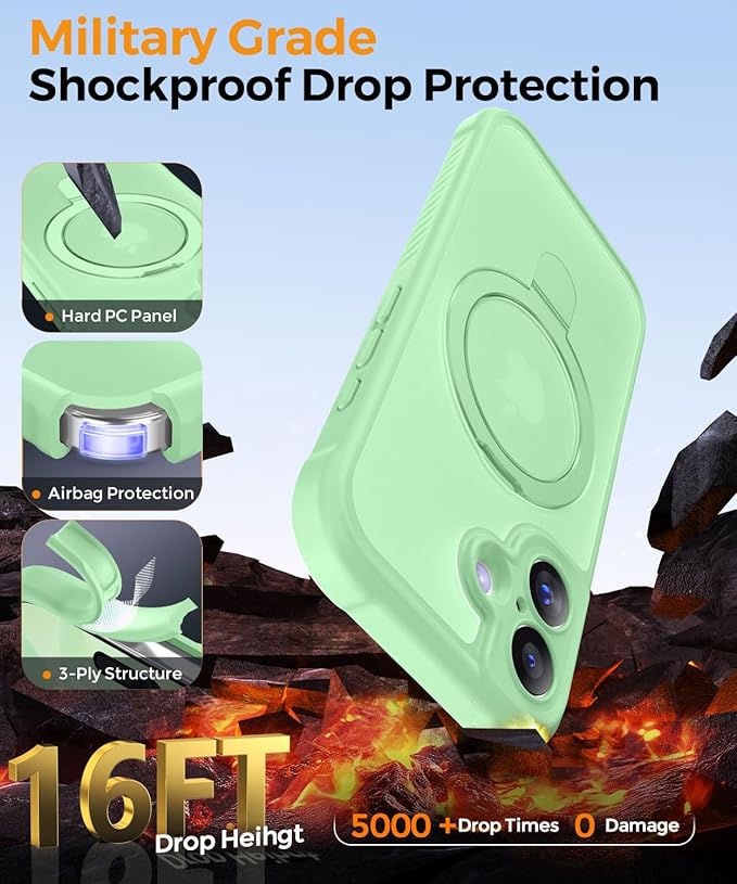 MOCCA Compatible with iPhone 17 Case with Magnetic Invisible Stand [Full Camera Protection] [Compatible with Magsafe] Military Drop Shockproof Translucent Matte Phone Case Cover 6.3",Matcha Green