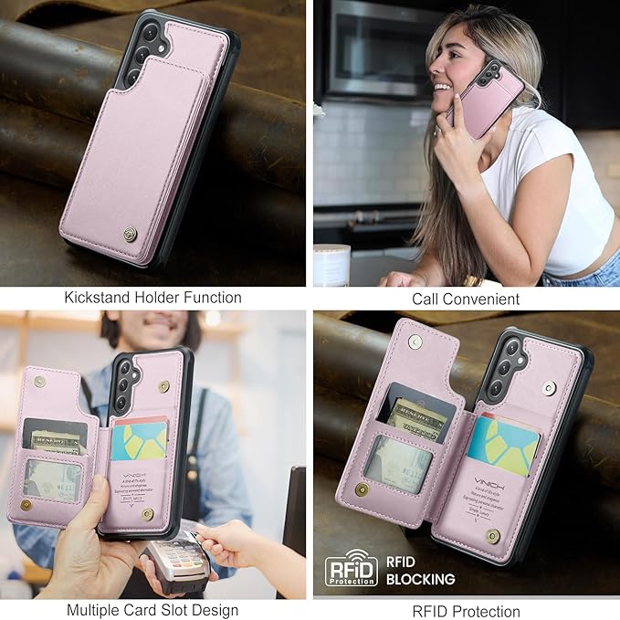 Vinich for Samsung Galaxy S25 Wallet Case with Card Holder, RFID Blocking Credit Slots Kickstand Shockproof Phone Cover for Women Men, Pink