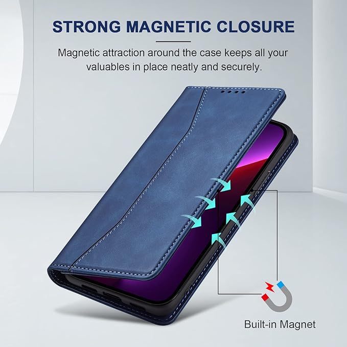 Jasonyu Flip Wallet Case for iPhone 13 Pro Max,Leather Magnetic Folio Cover with Card Holder,Kickstand - TPU Shockproof Durable Protective Phone Case,Blue