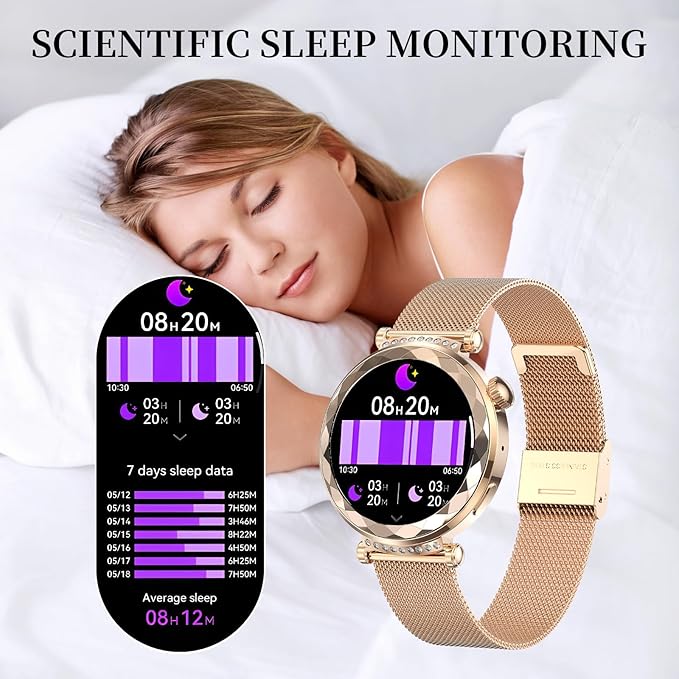 Smart Watch for Women, Fitness Tracker for Android/iOS, 1.19" AMOLED Screen Smartwatches with Female Cycle, Heart Rate, Sleep Monitor, Activity Tracking (2 Watch Bands) (Gold)