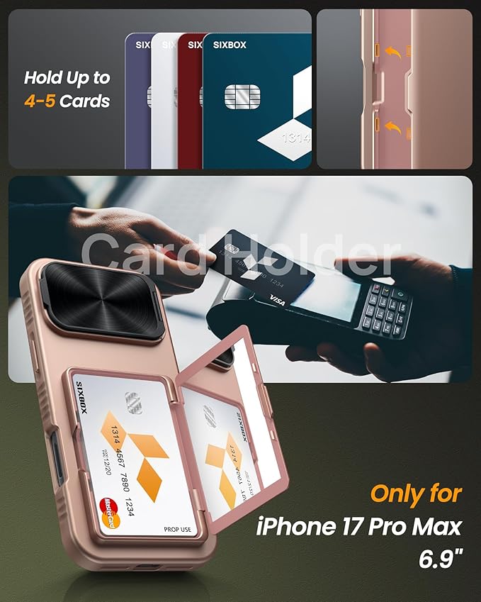 for iPhone 17 Pro Max Case with Card Holder & Stand & Camera Cover, Military Grade Drop Protection Hard Rugged Multifunctional Wallet Protective Phone Case for iPhone 17 Pro Max, Rose Gold