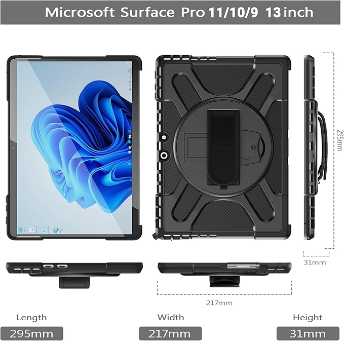 DreamerX for Microsoft Surface Pro 11 10 9 Case 13 inch, Rugged Shockproof Drop Protection Kids Case with 360 Rotating Kickstand Handle Hand Strap Pen Holder, Compatible with Type Cover Keyboard Black