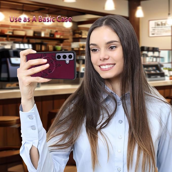 Lacass for Samsung Galaxy S24 FE S24FE Case Wallet,Compatible with MagSafe 2 in 1 Magnetic Detachable PU Leather RFID Blocking Wallet Cover Card Holder Zipper Wrist Strap Lanyard,Floral Wine Red