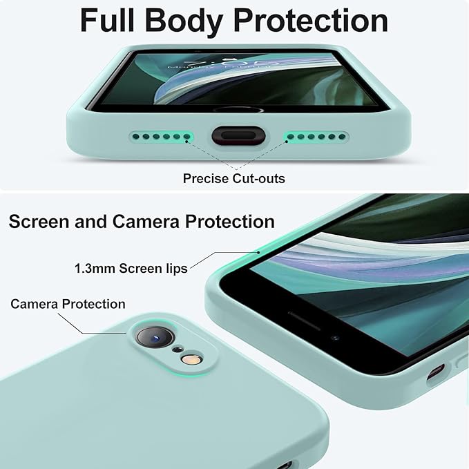 Vooii for iPhone SE Case 2022/3rd/2020,iPhone 8/7 Case, Upgraded Liquid Silicone with [Flat Edges] [Camera Protection] [Soft Anti-Scratch Microfiber Lining] Phone Case for iPhone SE - Mint